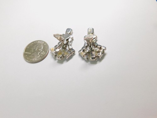 Designer Clear Rhinestone Silver Tone Metal Dangle Clip On Earrings Vintage - Picture 5 of 5