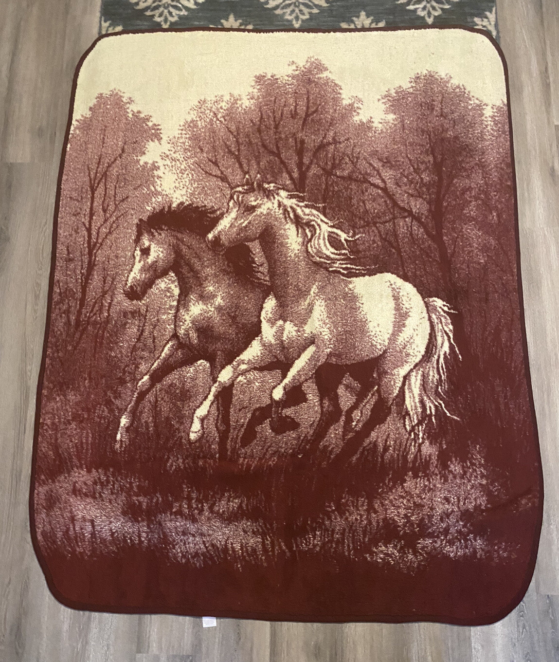 San Marcos Vintage Wild Horses Blanket Acrylic Maroon Red Reverse Print