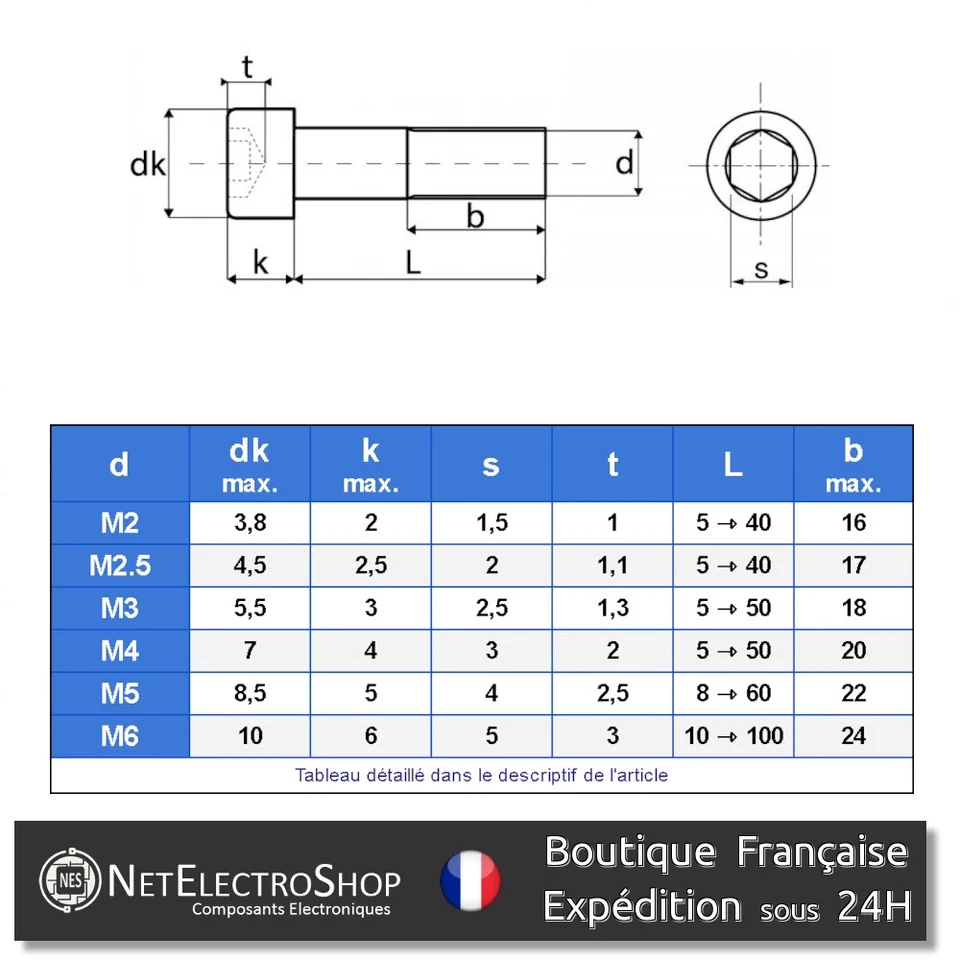 Vis CHC BTR ,Inox A2, DIN 912, 6 pans Hexagonale, M2 M2.5 M3 M4 M5 M6, 5 à 100mm - Photo 2/2