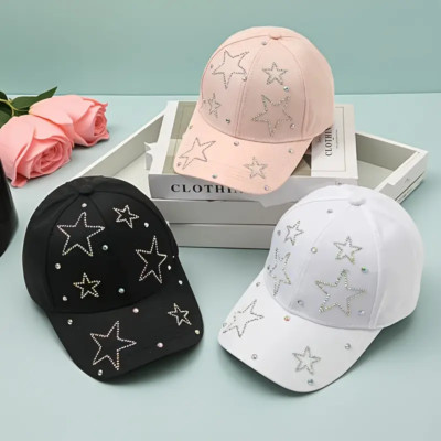 Unisex Black Fitted Baseball Cap With Iron Ring & Star Charms - K-pop Style, 100% Cotton, Adjustable