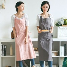 Cotton Linen Bib Aprons With Adjustable Neck Kitchen Cooking Baking Work Uniform