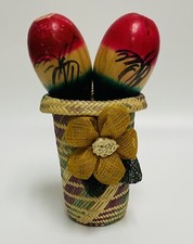 Pair Of Vintage Wood Maracas Hand Painted Red Green Palm Tree Scene in Basket