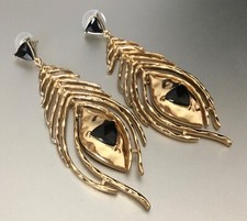 Feather Statement Dangle Earrings Articulating Hammered Gold Tone Metal 3.5