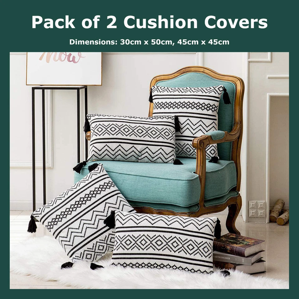 Pack Of 2 Black White Tribal Chenille Tassel Cushion Covers Geo Pillow Cases