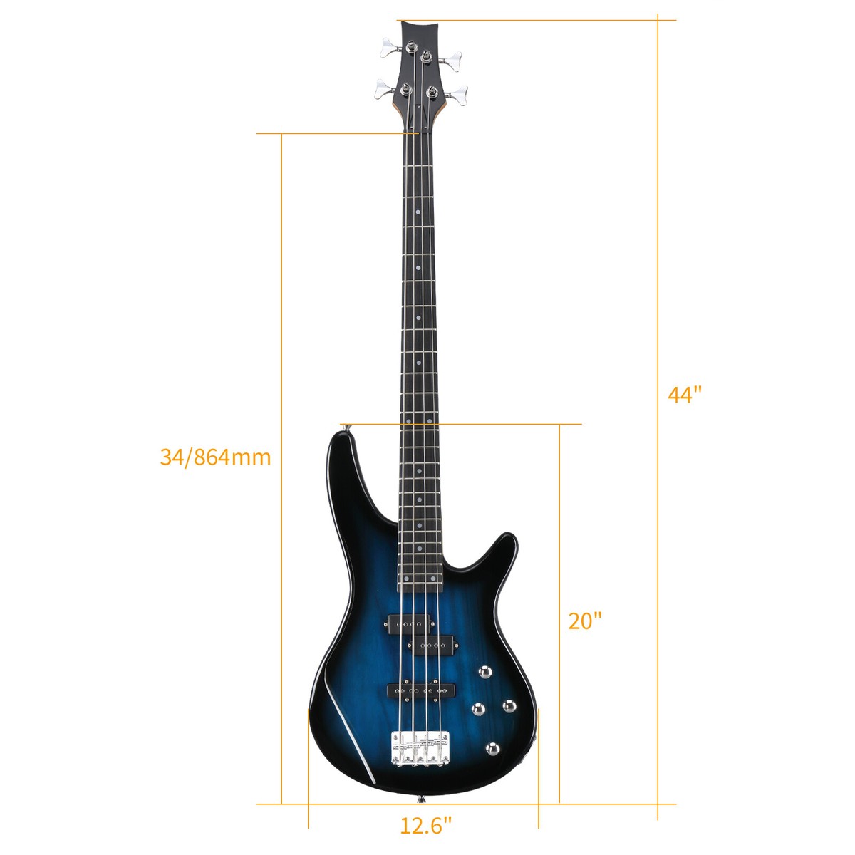 KIB Electric Bass Guitar 44 Inch Basswood 4 String for