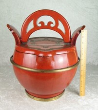 Chinese Wood Wedding Basket Rice Water Bucket Red Gold Lacquer Lidded Antique
