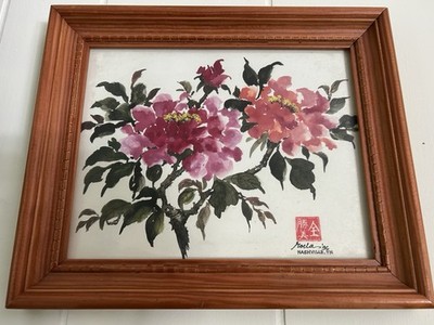 Framed Watercolor a Chinese brush painting featuring peonies, signed by artist