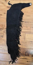 Perri's Leather Suede Show Chaps Small Black Full Fringe Zip Silver Concho West