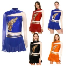 Womens Costume Built-in Briefs Dancewear Figure Skating Leotard Applique Dress