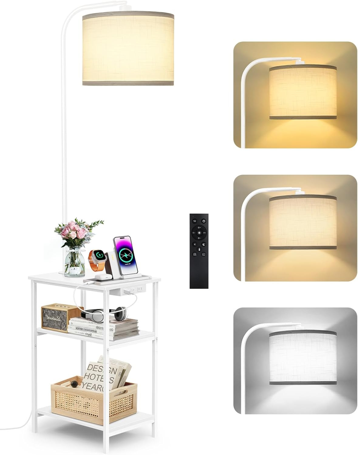 Lampada Da Terra Con Tavolino E Mensola, Dimmerabile LED Con Telecomando, 3 Temp - 1