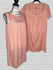 Vtg 60s Komar Peach Nylon Peignoir Set SM Gown Robe Lace Trim Elegant Nightgown