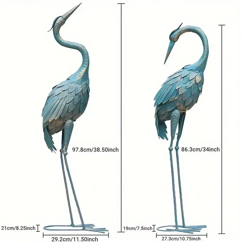 Set of 2 Metal Crane Garden Statues – Standing Bird Yard Art for Lawn Patio Pond - Image 4 of 4