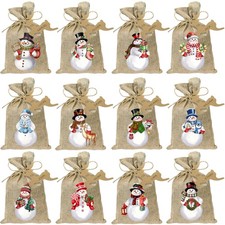 24Pcs Christmas Small Burlap Gift Bags with Drawstring, Xmas Snowman Treat Ca...