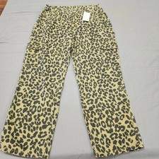 NWT Leopard Print Cargo Pants Womens XL Beige High Rise Wide Leg Elastic Waist