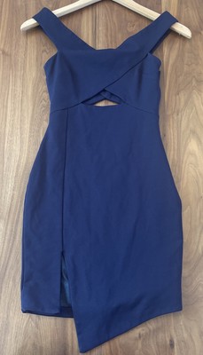 Bec Bridge Cut Out Dress Size 2 Navy  Blue Cocktail Off Shoulder Knee Length EUC
