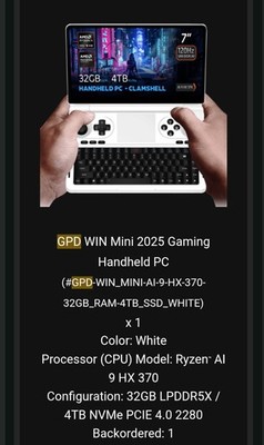 GPD Win Mini (2025) HX370 White Limited edition 32gb 4TB
