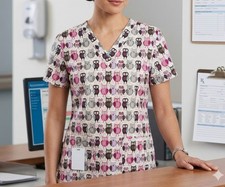 Tafford Women's Size Small Owl Print Pinks Grays/Black Medical Scrub Top