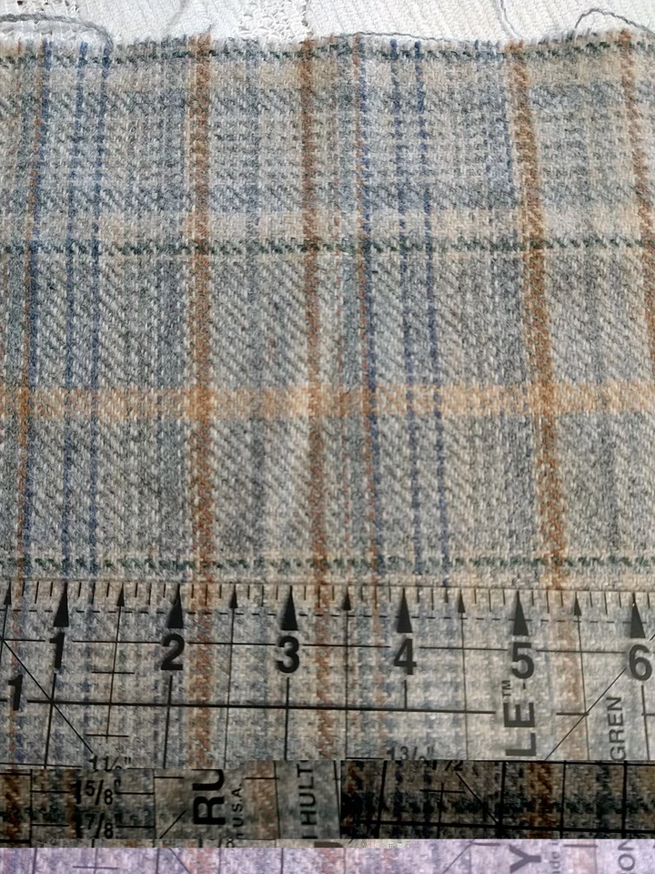 Tan Brown Cream Gray Lightweight Wool Plaid Design Fabric 17" L x 60" W - Image 3 of 4