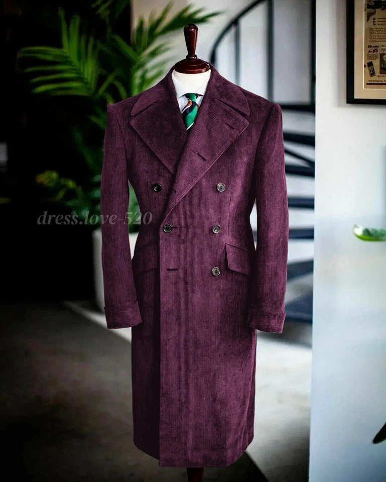 Corduroy Men Long Overcoat Double Breasted Wide Lapel Formal Business Long Coat - Image 4 of 4
