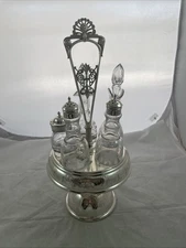 VICTORIAN CASTOR CONDIMENT CRUET SET SILVER PLATE STAND w/ (5) ETCHED BOTTLES