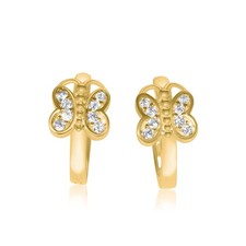 14K YELLOW GOLD BUTTERFLY CUBIC ZIRCONIA HUGGIE HOOPS