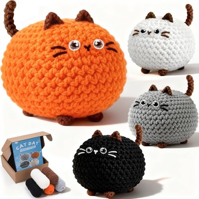 4Pcs Crochet Kit for Beginners Amigurumi Cat Family DIY Kit with Video Guide 