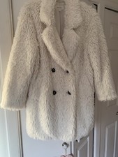 Marks And Spencer Teddy Fur Coat 12 M&s Cream Off White Double Breasted Buttons