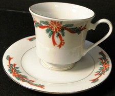 Poinsettia Ribbon Tea Cup Saucer Set Christmas Fine China Tienshan Excellent