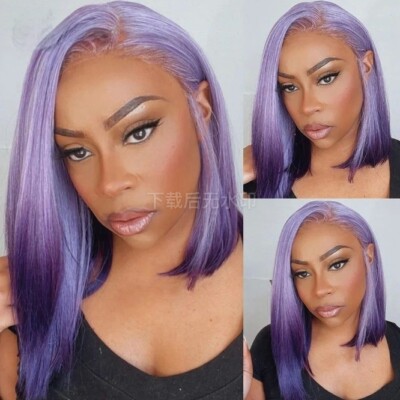 Ombre Purple Short Bob Wigs Human Hair Lace Frontal Human  display picture 3