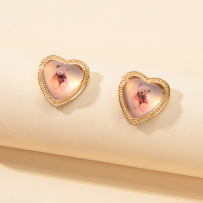 Lovely Bear Pattern Resin Heart Stud Pierced Earrings Dainty Gift for Woman Girl