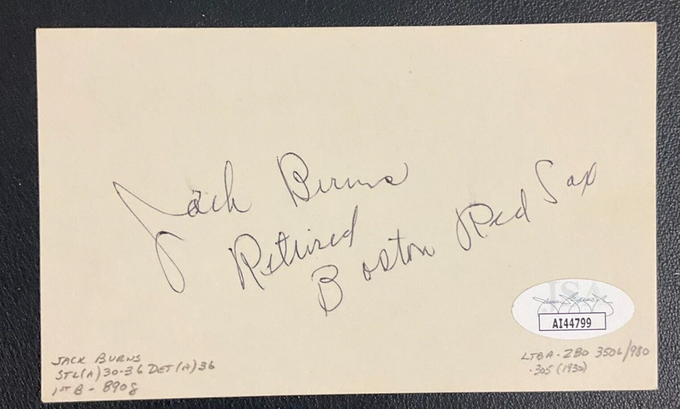 Irving (Jack) Burns Signed Index Card JSA Certified MLB Detroit Tigers (d.1975) - Image 2 of 3
