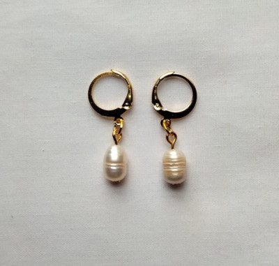 Pearl Drop Huggies Earrings Hoops Handmade Gold Tone Classic Simple Boho Chic