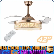 42" Remote Gold LED Invisible Ceiling Fan Light Modern Crystal Chandelier Lamp