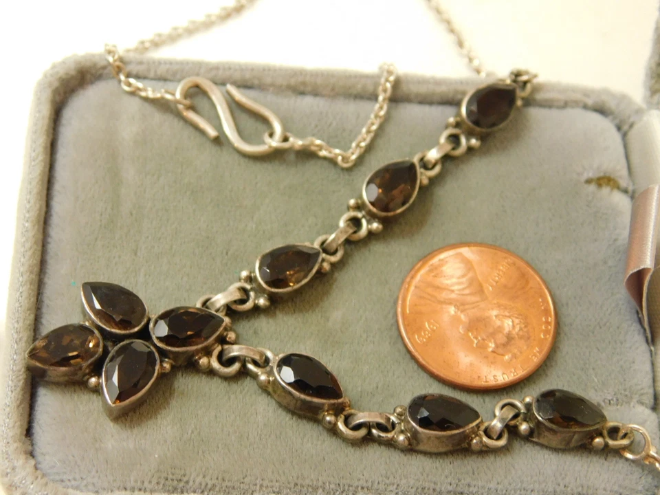 Plata de Ley Marrón Cuarzo Fumé Bisel 16.5" Cadena Collar de Cruz 12e 11 - Imagen 3 de 4