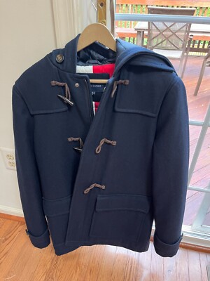 Tommy Hilfiger Men's Navy Blue Wool Blend Hooded  Mid Length Jacket Coat Perfect