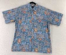 Vintage Go Barefoot Button-Up Shirt Mens Large Blue Hawaiian Print Short Sleeve