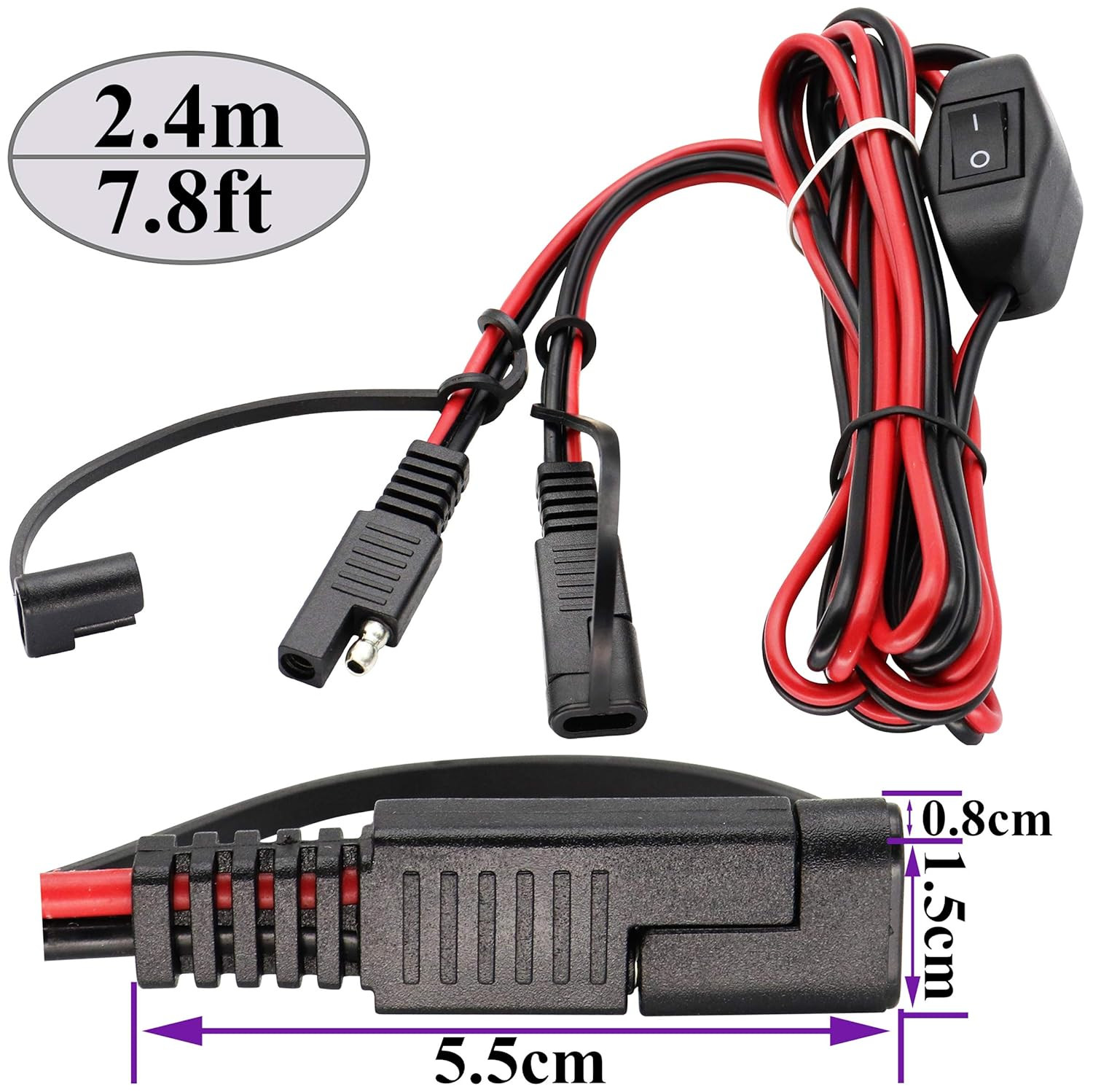 SAE Extension Cable 16 AWG Wire Harness 12V-24V DC SAE to SAE Cable with Switch