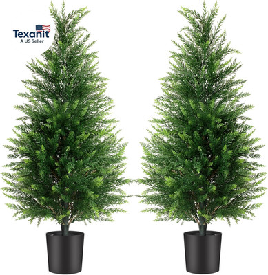 3FT Artificial Cedar Trees 2 Pack, UV Protected Fake Outdoor Evergreen Topiary P
