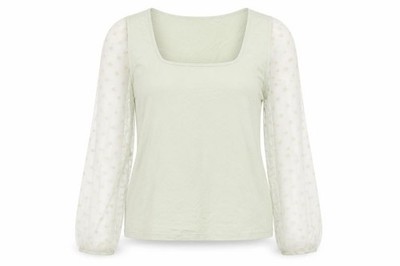 Pimkie Damen Camisole Bluse Größe L grün gepunktet eckiger Ausschnitt Langarm