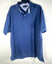 Tommy Hilfiger Men s XL Navy Blue Polo Shirt Flag Logo Striped Collar Classic