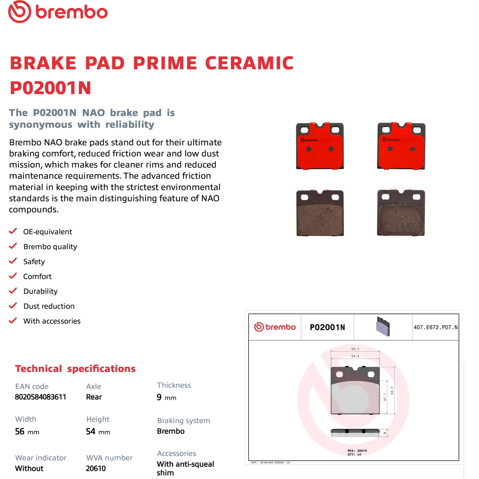 For 2008-21 Audi R8 / 2017-22 NSX Brembo OE Rear Ceramic Brake Pads Set Kit