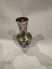Loetz Attributed Aurene Glass Miniature vase ,silver overlay by Fisher 4 1/2" H