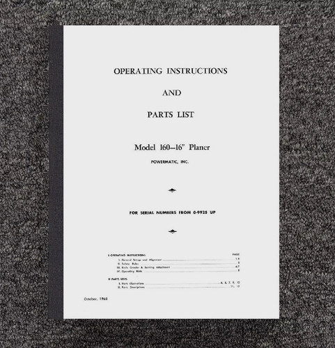 160 Planner Operator Inst & Parts List Manual Powermatic 160 16in 1965 PM61
