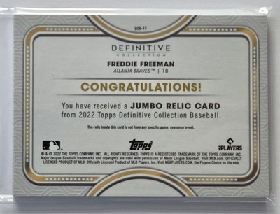 Freddie Freeman 2022 Topps Definitive Jumbo Patch Relic 1/1 Braves 