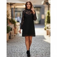 Wishlist Womens Dress S Black High Neck Crochet Lace Mini Cocktail Evening Party