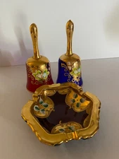 2 GLASS BELLS BOHEMIAN PLUS ASHTRAY COBALT BLUE & RUBY RED 3 PIECES