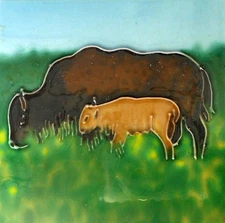 Buffalo hand painted ceramic art tile coaster 4 x 4 inches with back