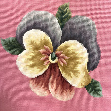 Vtg Lot 2 Completed Handmade Needlepoint Canvas Pansy and Pink Floral Tapestry