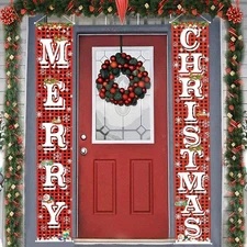 Merry Christmas Hanging Banner Porch Sign with Pattern Christmas Tree Presents S