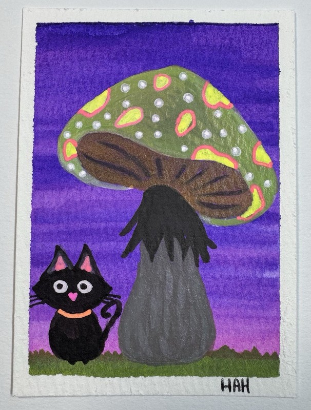 ACEO Original Watercolor and Acrylic Art Card Abstract Mushroom With A Mini Cat